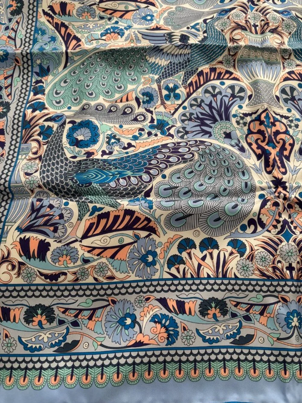 Liberty London Blue Silk Scarf Adorned with Peacocks - Never Worn